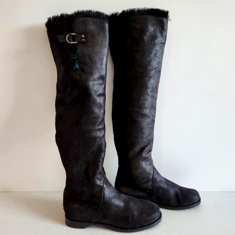 Jimmy Choo "Yam" Metallic-Suede Fur-Lined Over-The-Knee Boots, Black Metallic